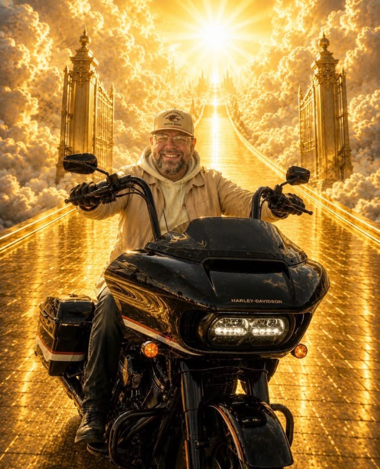 Nate on his Harley, riding the golden road through heaven's gates
